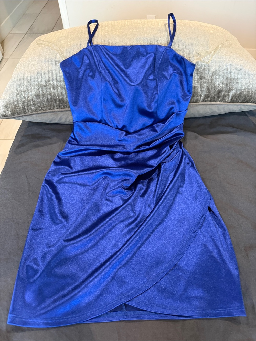 Emerald Sundae Royal Blue Satin Mini Dress with Spaghetti Straps